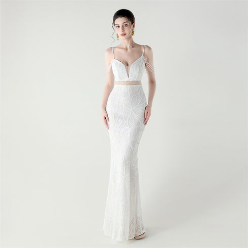 Graceful Sequin Embellished Mesh Mermaid Maxi Dress